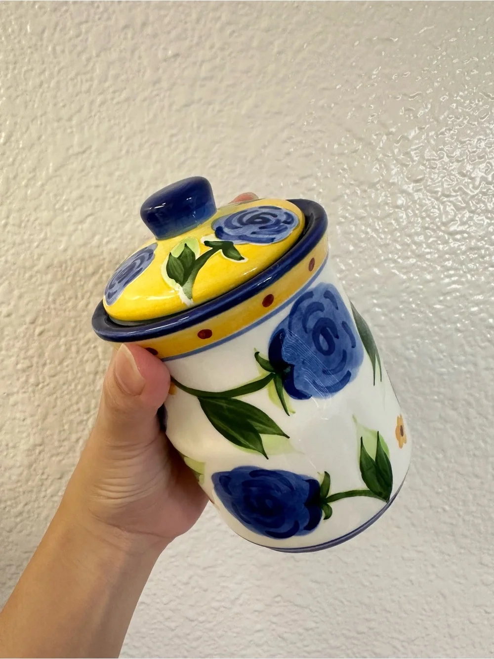 Hand-Painted Blue Floral Ceramic Canister with Lid